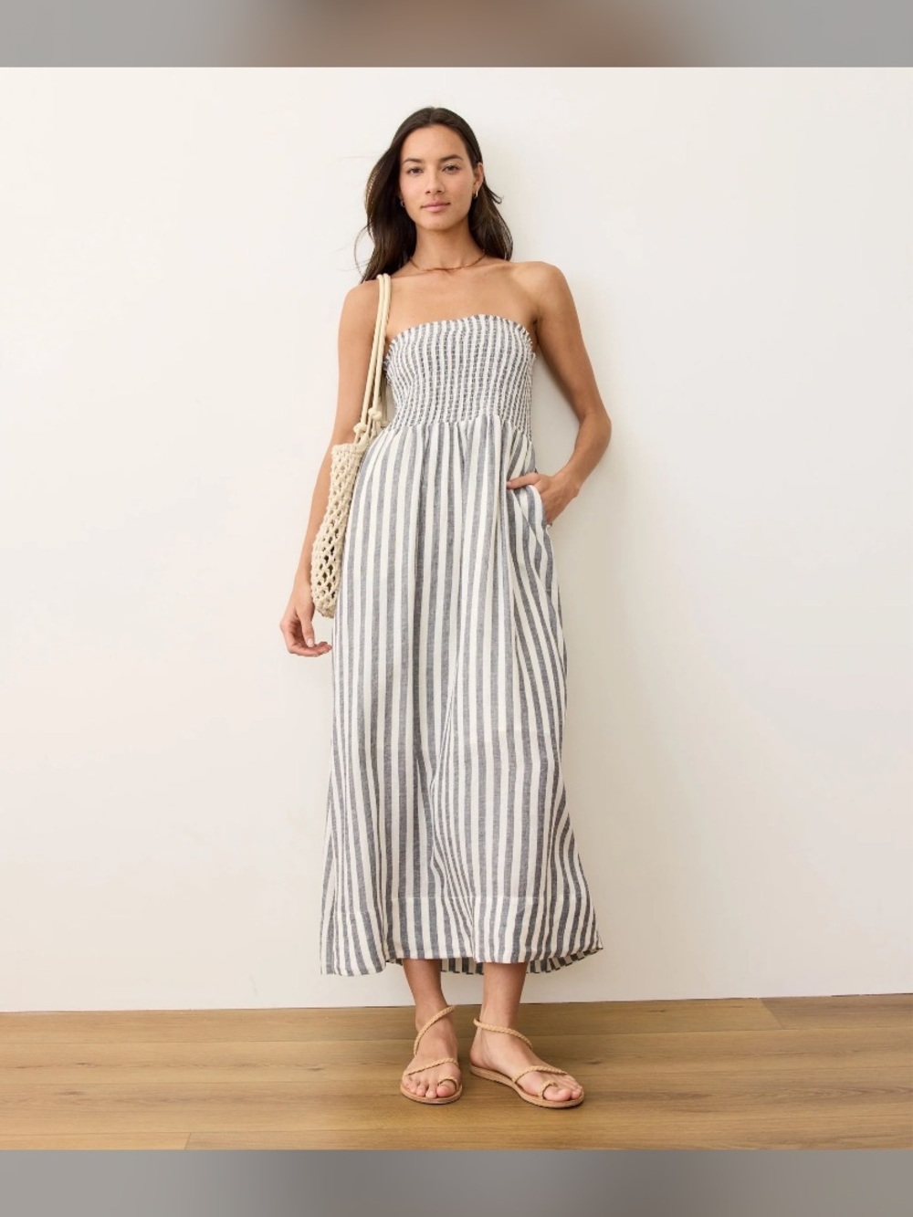 Striped Strapless Smocked Maxi Dress in White and Gray